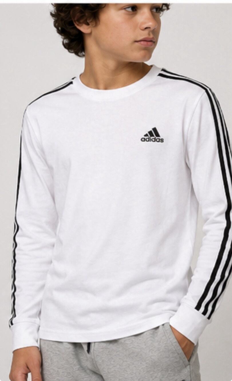 Adidas Boys L 14/16 White Black 3 Stripe Long Sleeve Athletic Shirt